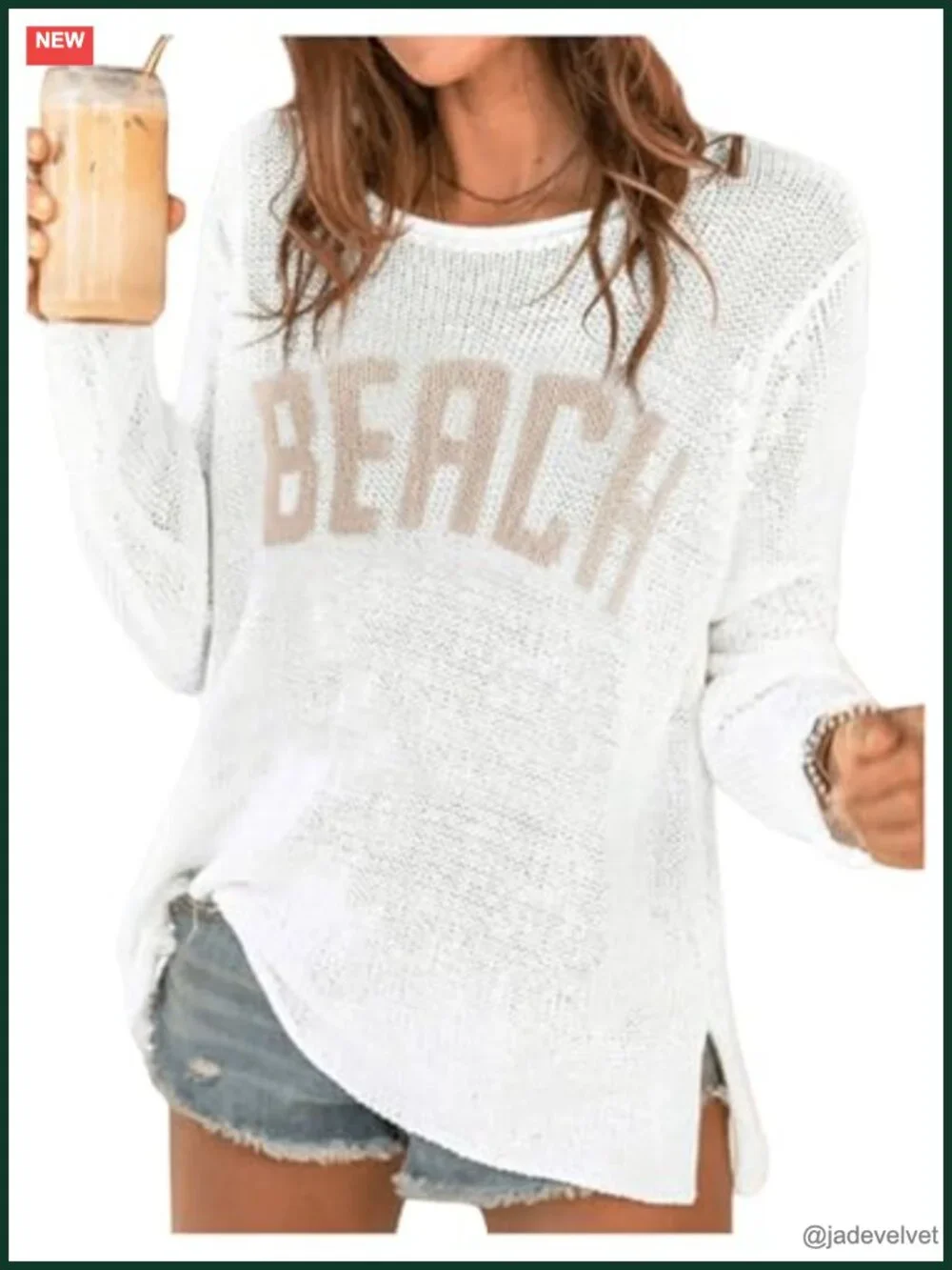 Women's Letter Print Long Sleeve Sweater Crew Neck Split Hem Crochet Jumper Top
